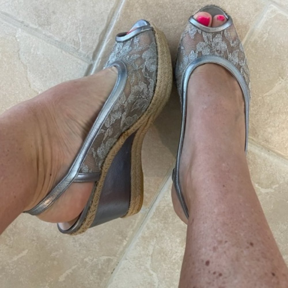 Stuart Weitzman Lace and Silver Wedge shoe